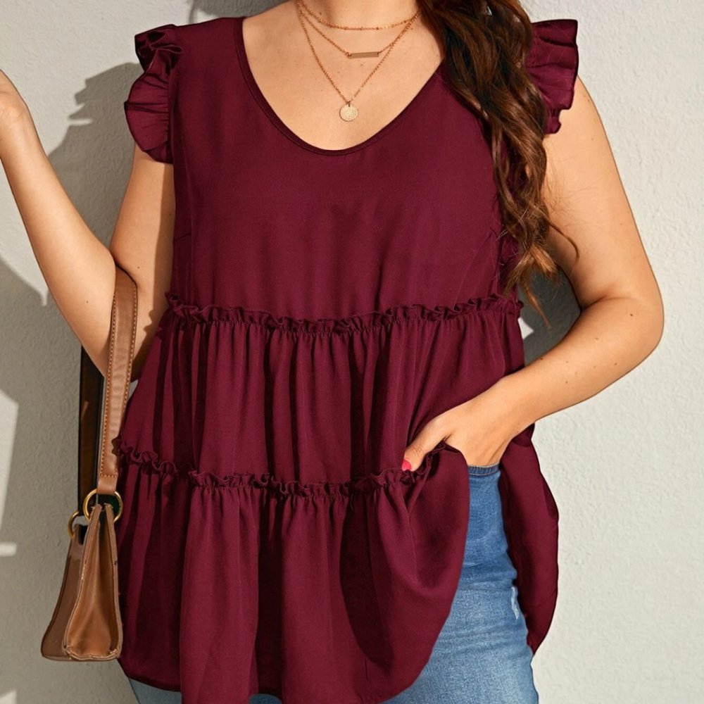 SHEIN Frenchy Plus Butterfly Sleeve Frill Trim Peplum Blouse